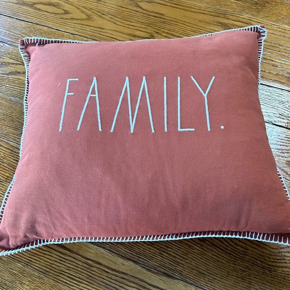 Rae Dunn FAMILY. embroidered 20” square burnt orange pillow with feather pillow